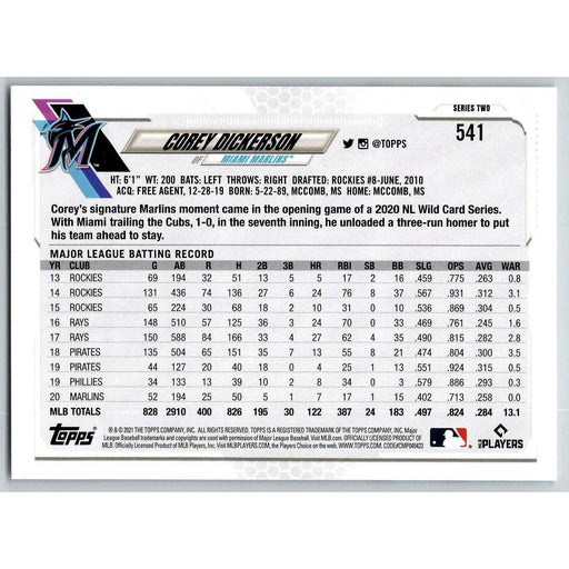 2021 Topps Baseball Complete Set Corey Dickerson Miami Marlins #541 - Collectible Craze America