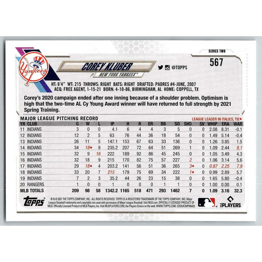 2021 Topps Baseball Complete Set Corey Kluber New York Yankees #567 - Collectible Craze America