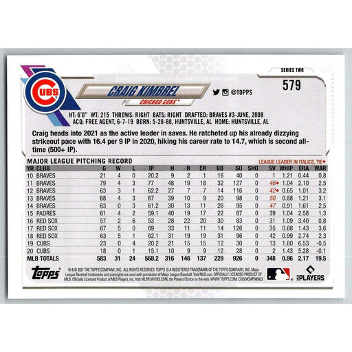 2021 Topps Baseball Complete Set Craig Kimbrel Chicago Cubs #579 - Collectible Craze America