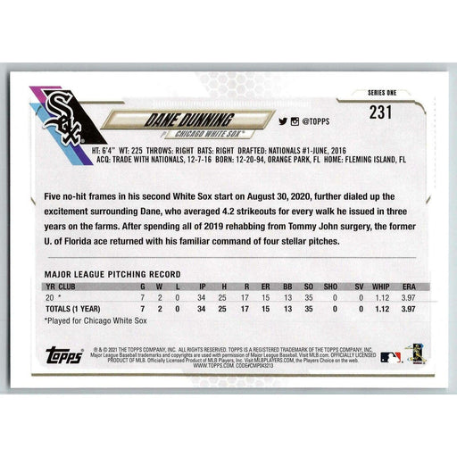 2021 Topps Baseball Complete Set Dane Dunning RC Chicago White Sox #231 - Collectible Craze America