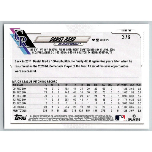 2021 Topps Baseball Complete Set Daniel Bard Colorado Rockies #376 - Collectible Craze America