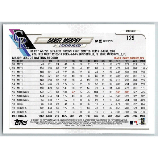 2021 Topps Baseball Complete Set Daniel Murphy Colorado Rockies #129 - Collectible Craze America