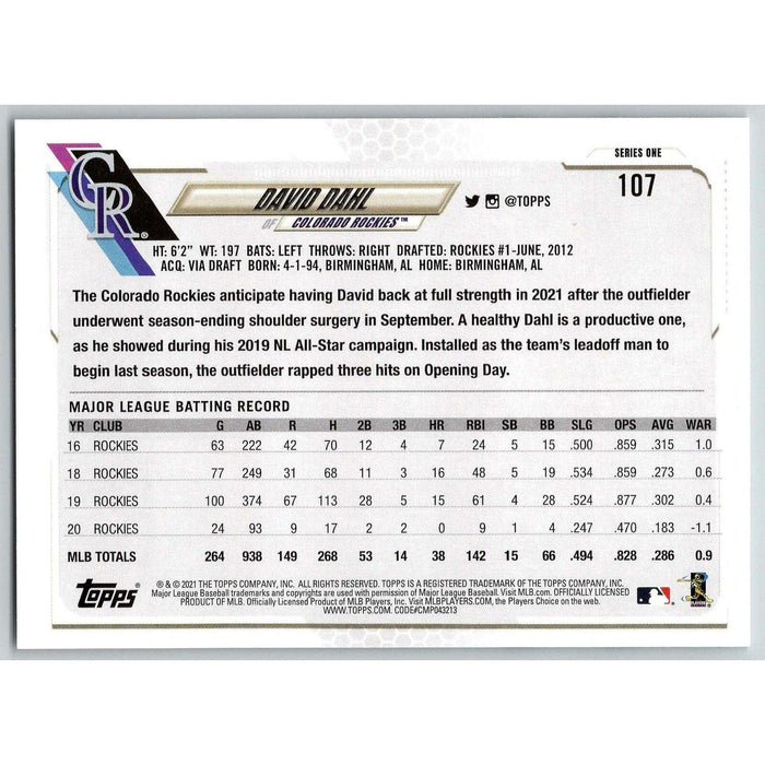 2021 Topps Baseball Complete Set David Dahl Colorado Rockies #107 - Collectible Craze America