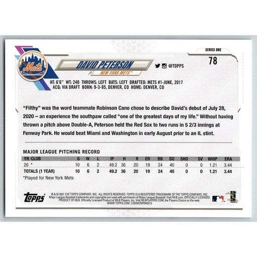 2021 Topps Baseball Complete Set David Peterson RC New York Mets #78 - Collectible Craze America