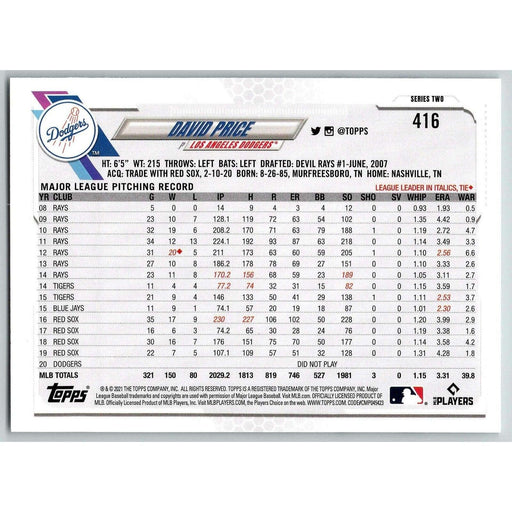 2021 Topps Baseball Complete Set David Price Tampa Bay Rays #416 - Collectible Craze America