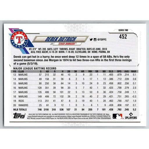 2021 Topps Baseball Complete Set Derek Dietrich Texas Rangers #452 - Collectible Craze America