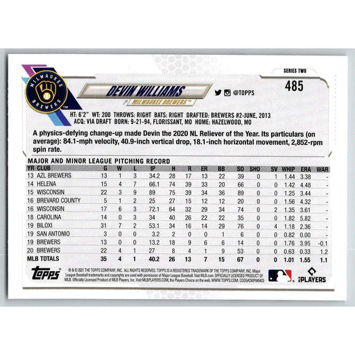 2021 Topps Baseball Complete Set Devin Williams Milwaukee Brewers #485 - Collectible Craze America