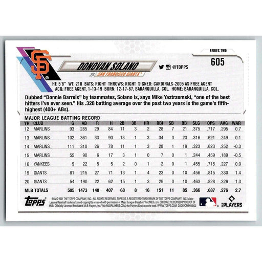 2021 Topps Baseball Complete Set Donovan Solano San Francisco Giants #605 - Collectible Craze America