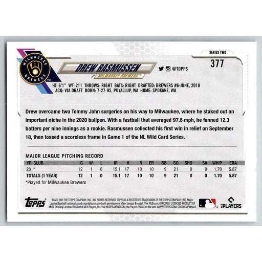 2021 Topps Baseball Complete Set Drew Rasmussen RC Milwaukee Brewers #377 - Collectible Craze America