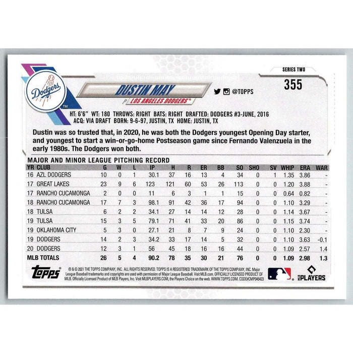 2021 Topps Baseball Complete Set Dustin May Los Angeles Dodgers #355 - Collectible Craze America