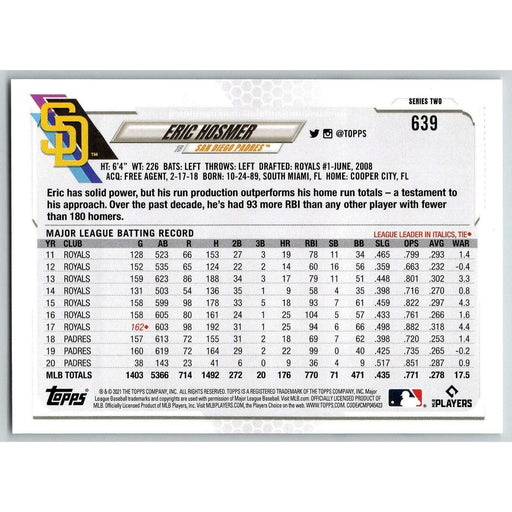  2021 Topps #639 Eric Hosmer San Diego Padres Baseball