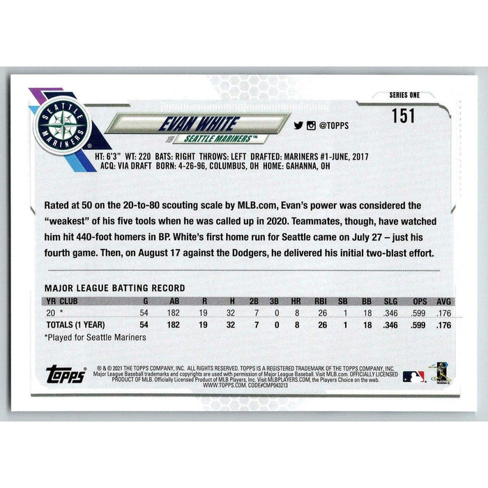 2021 Topps Baseball Complete Set Evan White RC Seattle Mariners #151 - Collectible Craze America