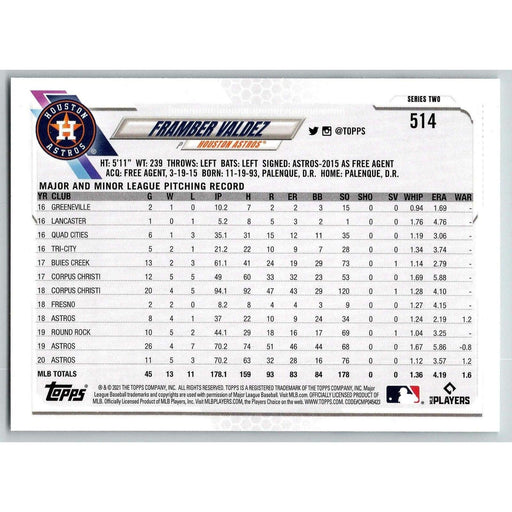 2021 Topps Baseball Complete Set Framber Valdez #514 Tampa Bay Rays - Collectible Craze America