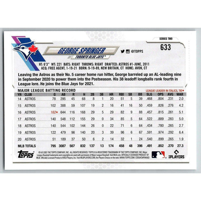 2021 Topps Baseball Complete Set George Springer Toronto Blue Jays #633 - Collectible Craze America