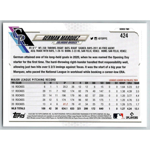 2021 Topps Baseball Complete Set German Marquez Colorado Rockies #424 - Collectible Craze America