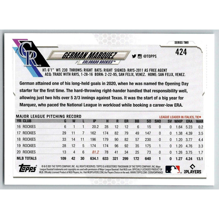 2021 Topps Baseball Complete Set German Marquez Colorado Rockies #424 - Collectible Craze America