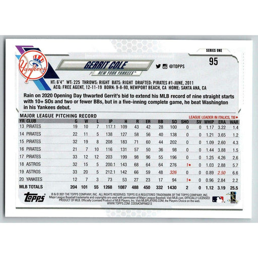 2021 Topps Baseball Complete Set Gerrit Cole New York Yankees #95 - Collectible Craze America