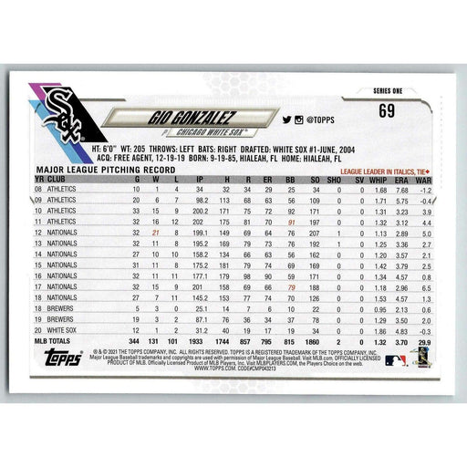 2021 Topps Baseball Complete Set Gio Gonzalez Chicago White Sox #69 - Collectible Craze America