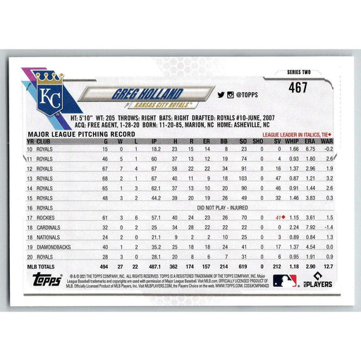 2021 Topps Baseball Complete Set Greg Holland Kansas City Royals #467 - Collectible Craze America