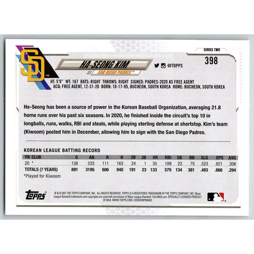 2021 Topps Baseball Complete Set Ha-Seong Kim RC San Diego Padres #398 - Collectible Craze America