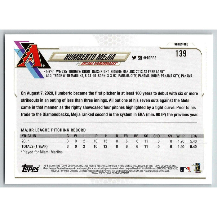 2021 Topps Baseball Complete Set Humberto Mejia RC Arizona Diamondbacks #139 - Collectible Craze America