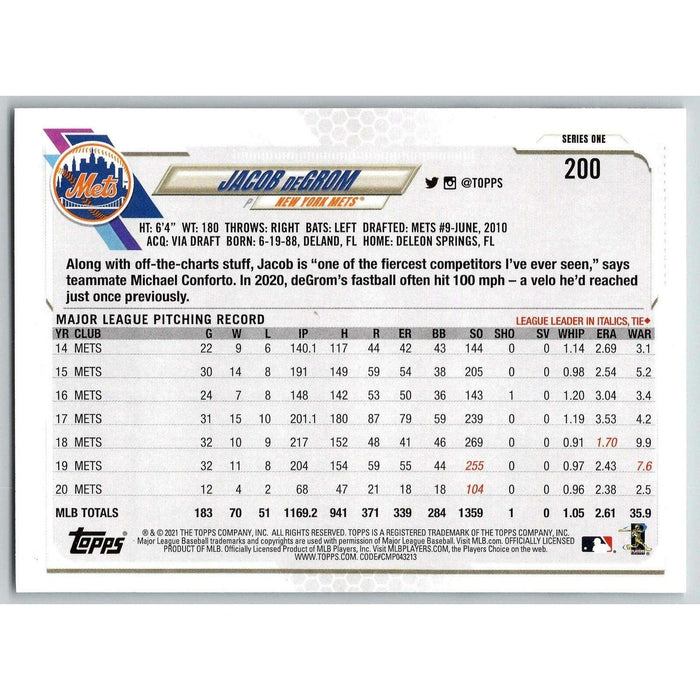 2021 Topps Baseball Complete Set Jacob Degrom New York Mets #200 - Collectible Craze America