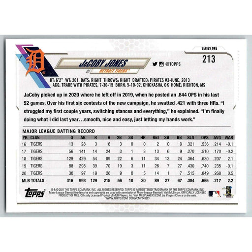 2021 Topps Baseball Complete Set JaCoby Jones Detroit Tigers #213 - Collectible Craze America