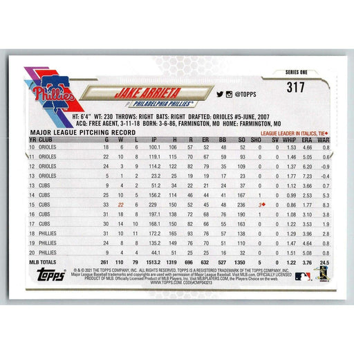 2021 Topps Baseball Complete Set Jake Arrieta Philadelphia Phillies #317 - Collectible Craze America