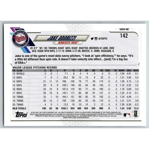 2021 Topps Baseball Complete Set Jake Odorizzi Minnesota Twins #142 - Collectible Craze America