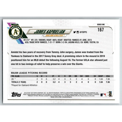 2021 Topps Baseball Complete Set James Kaprielian RC Oakland Athletics #167 - Collectible Craze America