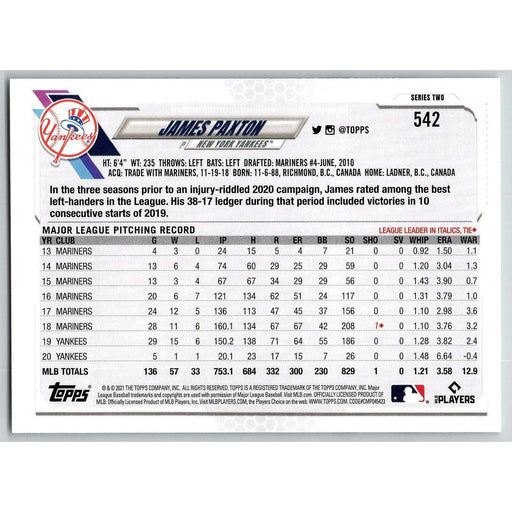 2021 Topps Baseball Complete Set James Paxton New York Yankees #542 - Collectible Craze America