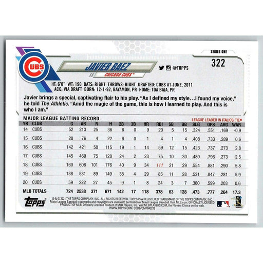 2021 Topps Baseball Complete Set Javier Baez Chicago Cubs #322 - Collectible Craze America