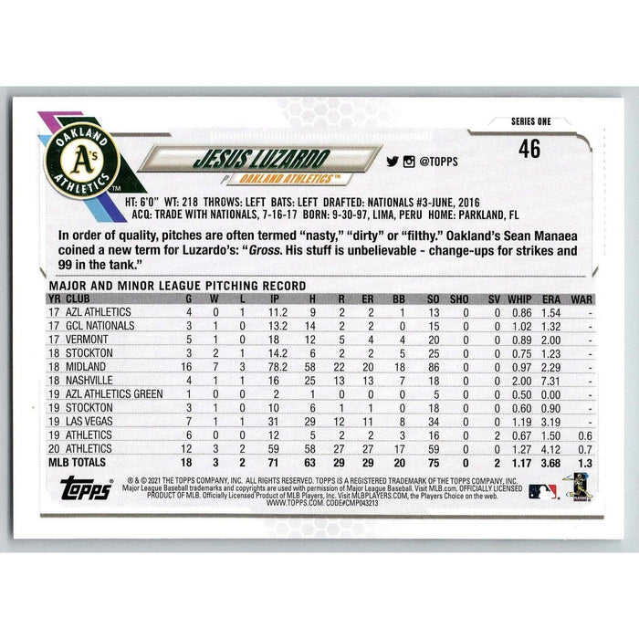 2021 Topps Baseball Complete Set Jesus Luzardo Oakland Athletics #46 - Collectible Craze America