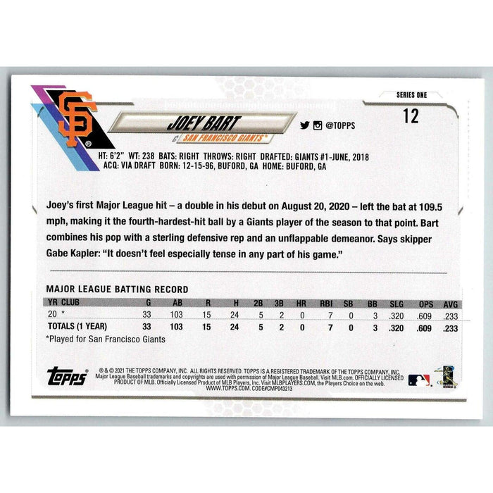 2021 Topps Baseball Complete Set Joey Bart RC San Francisco Giants #12 - Collectible Craze America