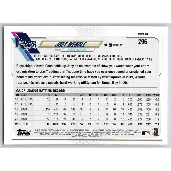 2021 Topps Baseball Complete Set Joey Wendle Tampa Bay Rays #296 - Collectible Craze America