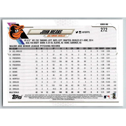 2021 Topps Baseball Complete Set John Means Baltimore Orioles #272 - Collectible Craze America