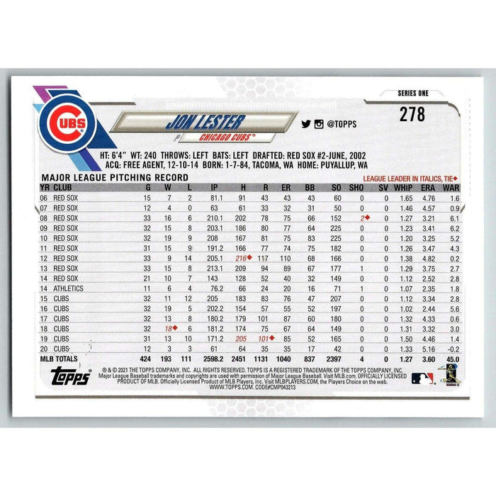 2021 Topps Baseball Complete Set Jon Lester Chicago Cubs #278 - Collectible Craze America