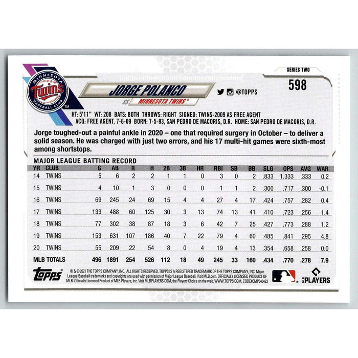 2021 Topps Baseball Complete Set Jorge Polanco Minnesota Twins #598 - Collectible Craze America