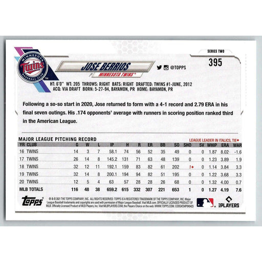 2021 Topps Baseball Complete Set Jose Berrios Minnesota Twins #395 - Collectible Craze America