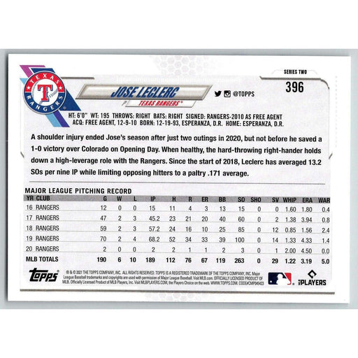 2021 Topps Baseball Complete Set Jose Leclerc Texas Rangers #396 - Collectible Craze America