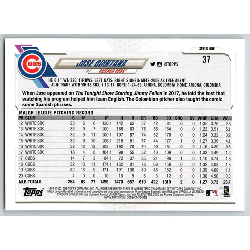 2021 Topps Baseball Complete Set Jose Quintana Chicago Cubs #37 - Collectible Craze America