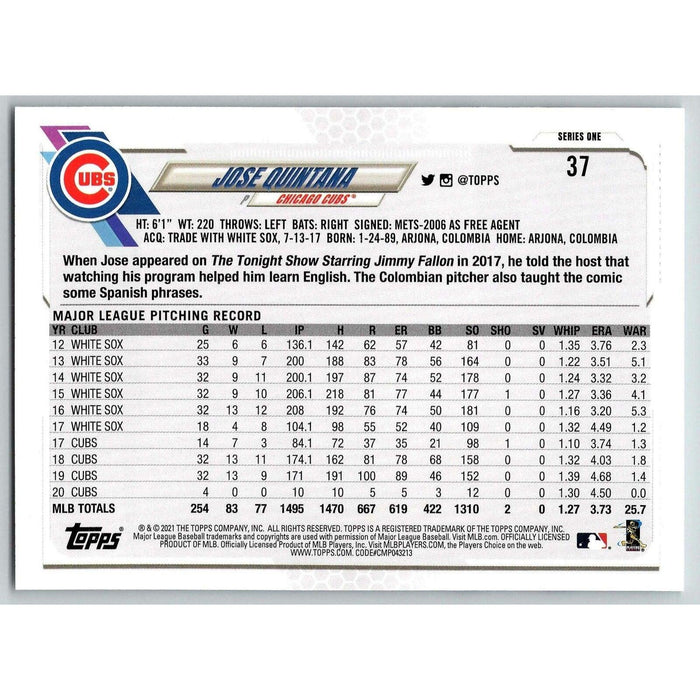 2021 Topps Baseball Complete Set Jose Quintana Chicago Cubs #37 - Collectible Craze America