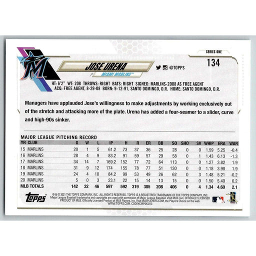 2021 Topps Baseball Complete Set Jose Urena Miami Marlins #134 - Collectible Craze America