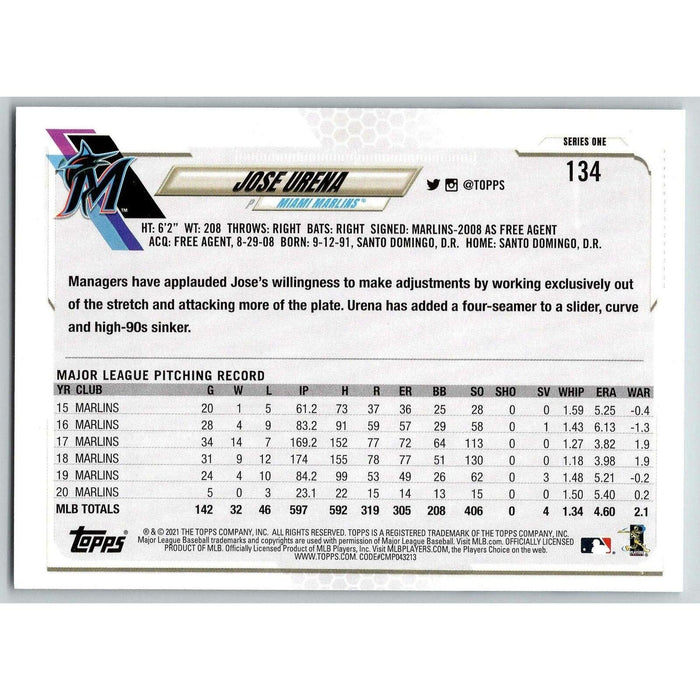 2021 Topps Baseball Complete Set Jose Urena Miami Marlins #134 - Collectible Craze America