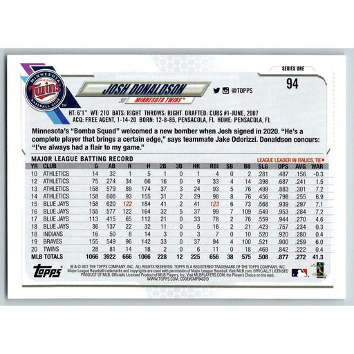 2021 Topps Baseball Complete Set Josh Donaldson Minnesota Twins #94 - Collectible Craze America