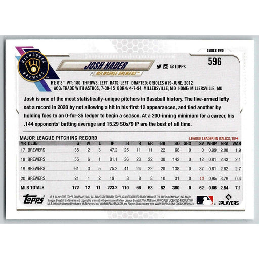 2021 Topps Baseball Complete Set Josh Hader Milwaukee Brewers #596 - Collectible Craze America