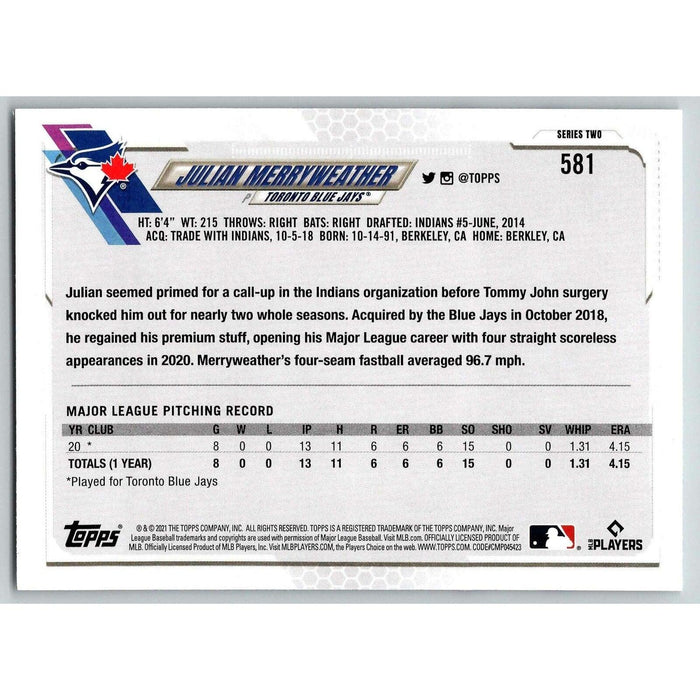 2021 Topps Baseball Complete Set Julian Merryweather RC Toronto Blue Jays #581 - Collectible Craze America