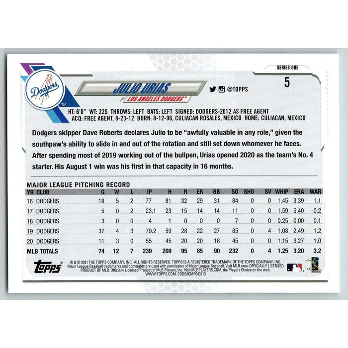 2021 Topps Baseball Complete Set Julio Urias Los Angeles Dodgers #5 - Collectible Craze America