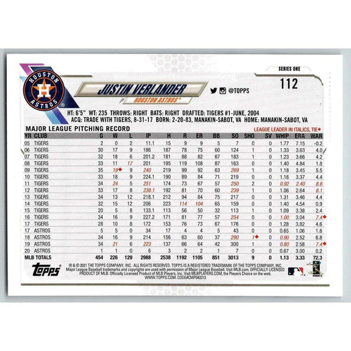 2021 Topps Baseball Complete Set Justin Verlander Houston Astros #112 - Collectible Craze America