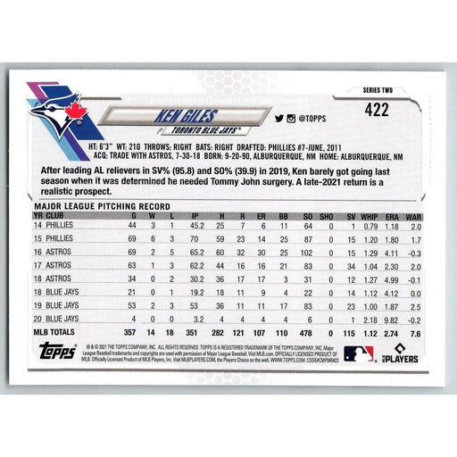 2021 Topps Baseball Complete Set Ken Giles Toronto Blue Jays #422 - Collectible Craze America